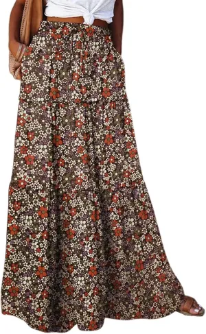 Boho Maxi Skirts for Women 2025 Casual Bohemian Tiered Long Pleated Skirt Hippie High Waisted Aline Beach Flowy Skirt