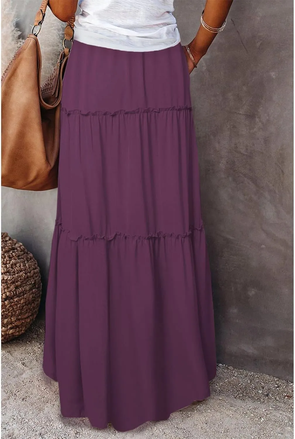 Boho Skirts for Women Summer Casual Summer Elastic High Waist A-Line Ruffle Hem Maxi Skirt Beach Long Skirt