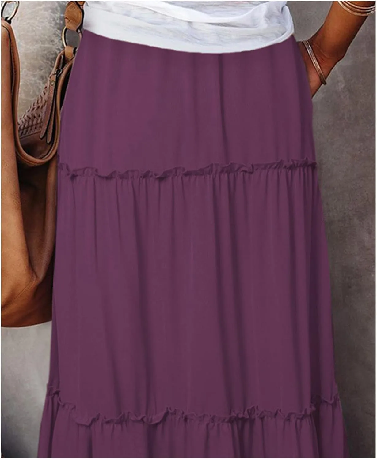 Boho Skirts for Women Summer Casual Summer Elastic High Waist A-Line Ruffle Hem Maxi Skirt Beach Long Skirt