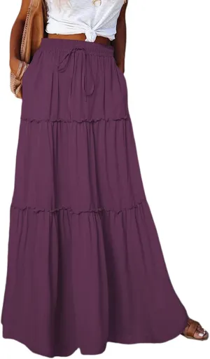 Boho Skirts for Women Summer Casual Summer Elastic High Waist A-Line Ruffle Hem Maxi Skirt Beach Long Skirt
