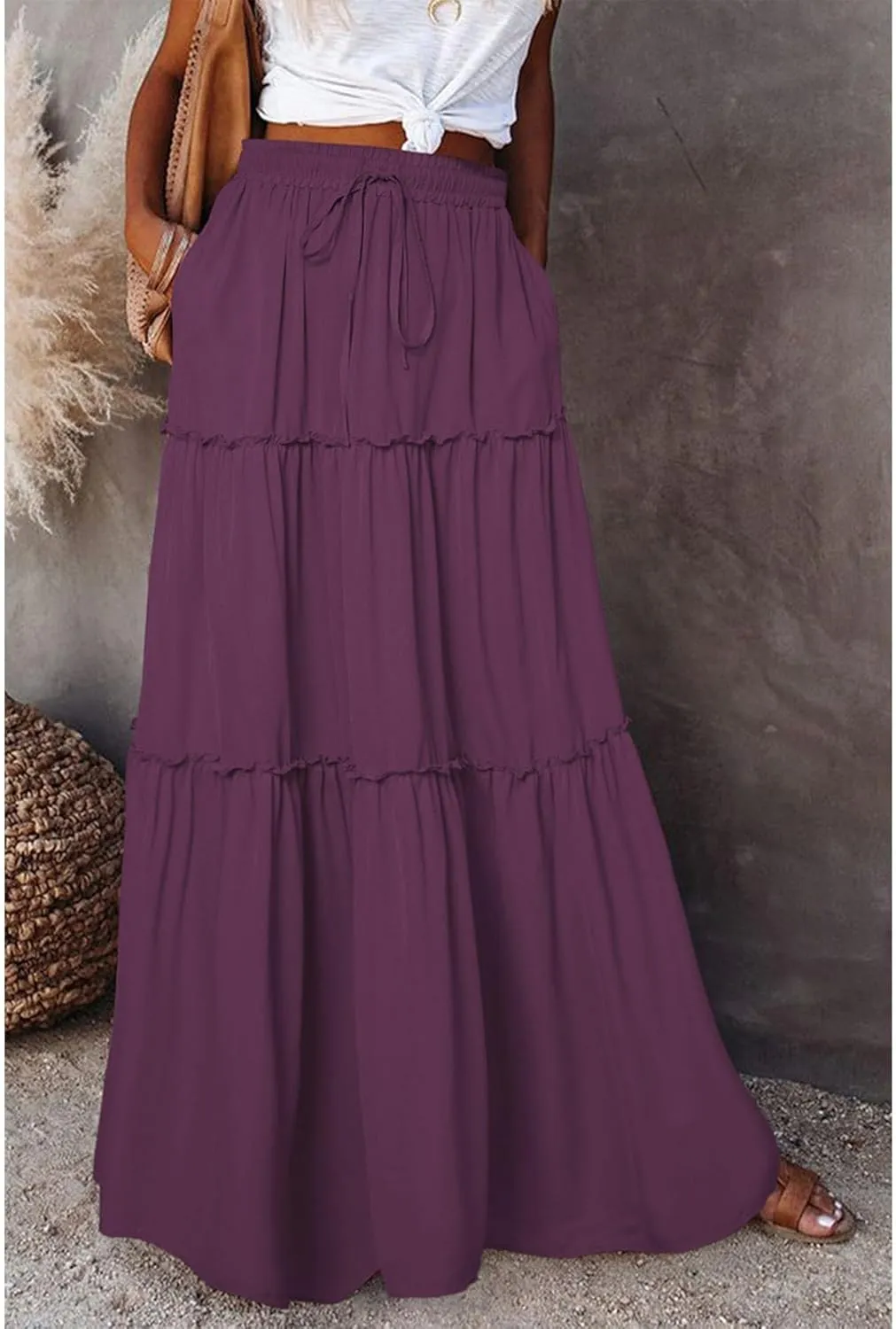 Boho Skirts for Women Summer Casual Summer Elastic High Waist A-Line Ruffle Hem Maxi Skirt Beach Long Skirt