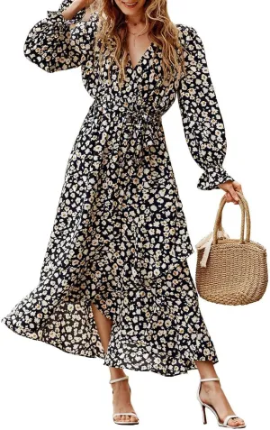 BTFBM Women Long Sleeve Dresses Spring Summer Clothes 2025 V Neck Floral High Waist Ruffle Boho Wedding Guest Dress
