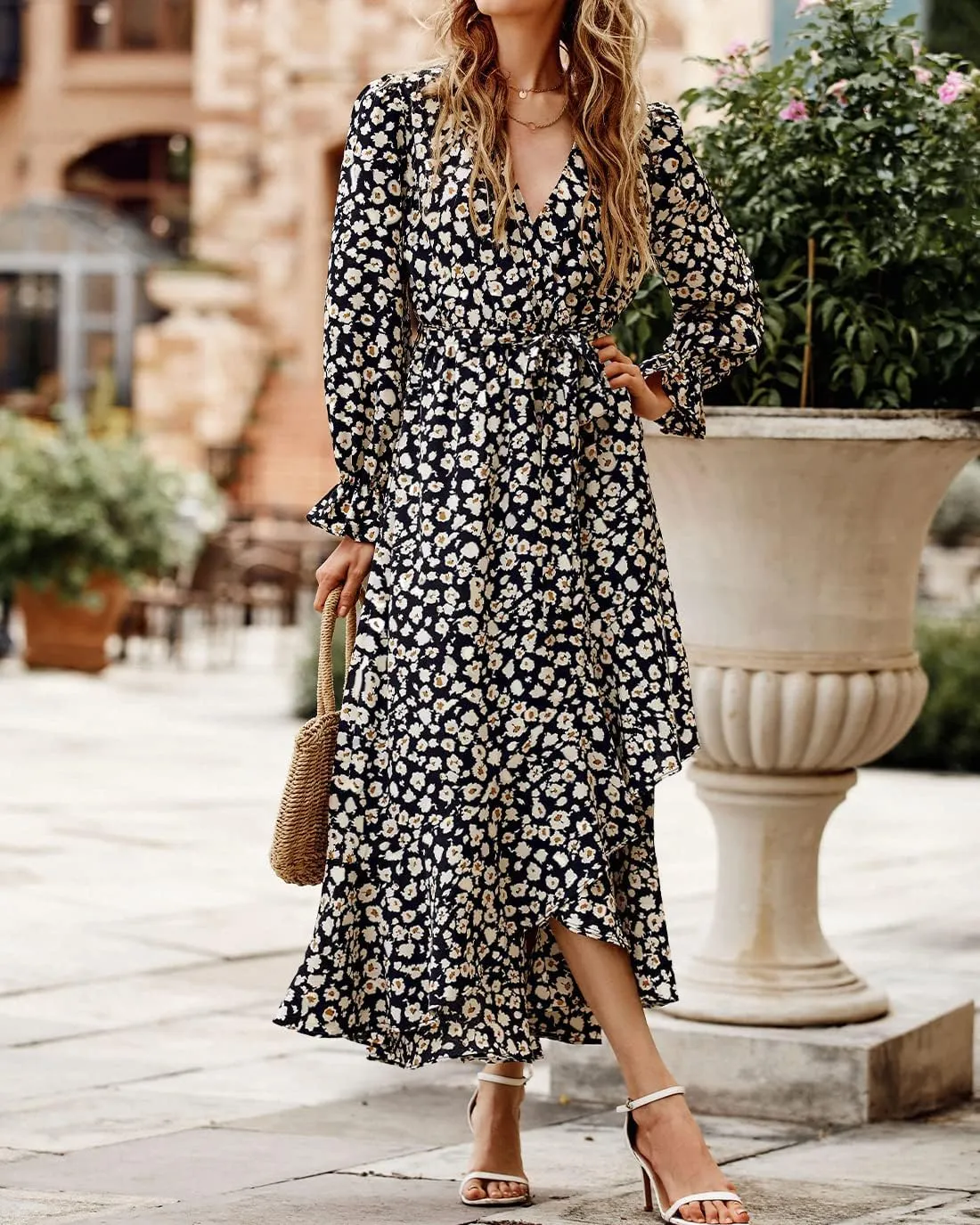 BTFBM Women Long Sleeve Dresses Spring Summer Clothes 2025 V Neck Floral High Waist Ruffle Boho Wedding Guest Dress