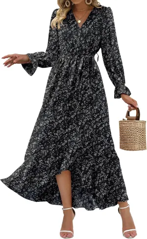 BTFBM Women Long Sleeve Dresses Spring Summer Clothes 2025 V Neck Floral High Waist Ruffle Boho Wedding Guest Dress