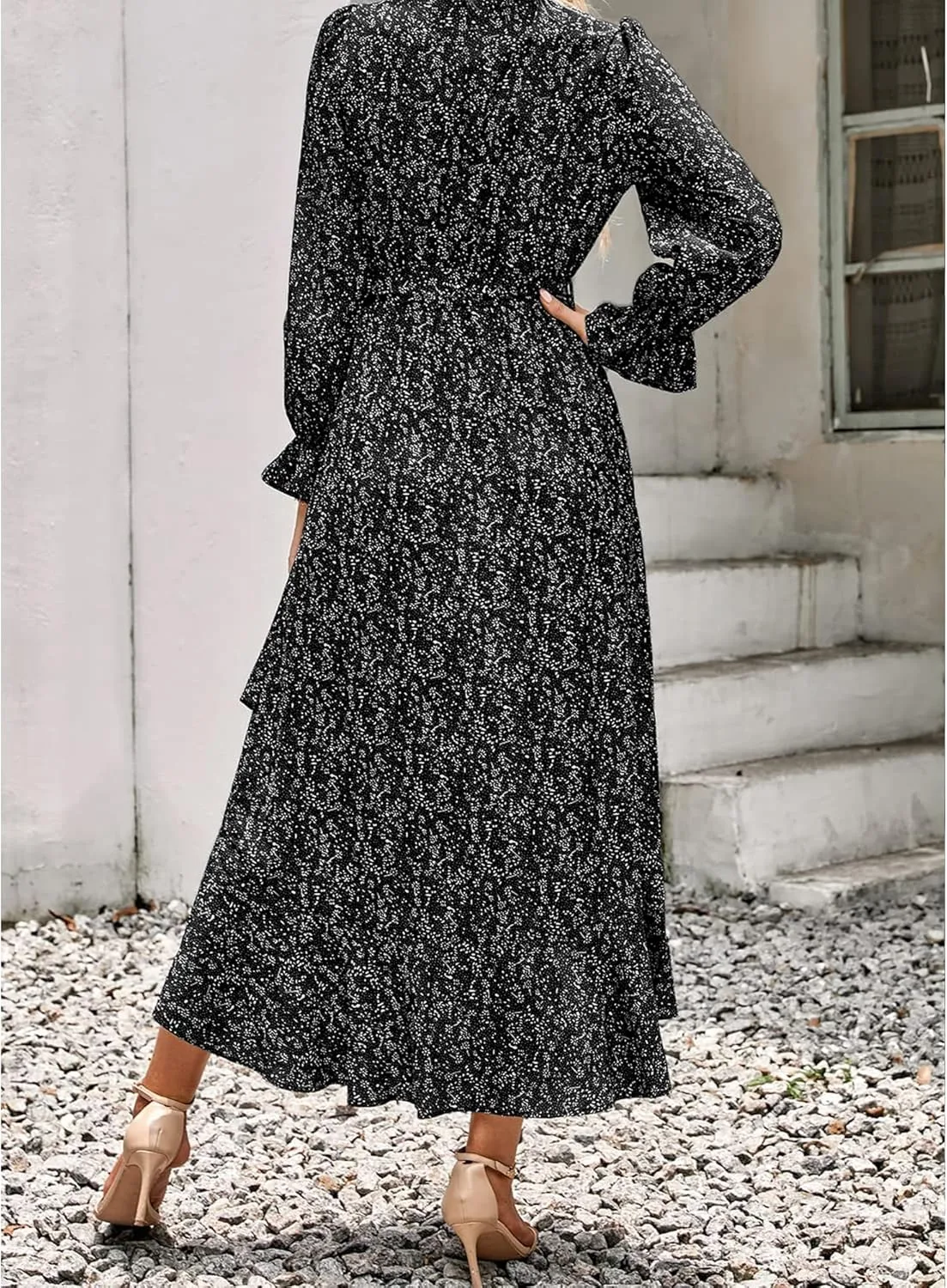 BTFBM Women Long Sleeve Dresses Spring Summer Clothes 2025 V Neck Floral High Waist Ruffle Boho Wedding Guest Dress