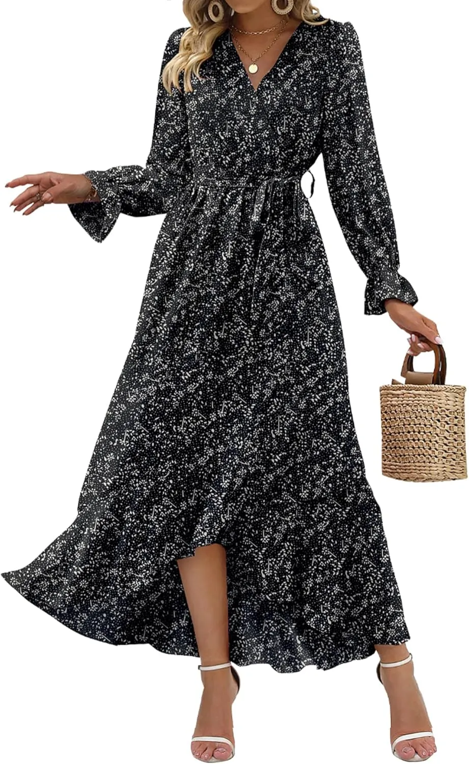 BTFBM Women Long Sleeve Dresses Spring Summer Clothes 2025 V Neck Floral High Waist Ruffle Boho Wedding Guest Dress