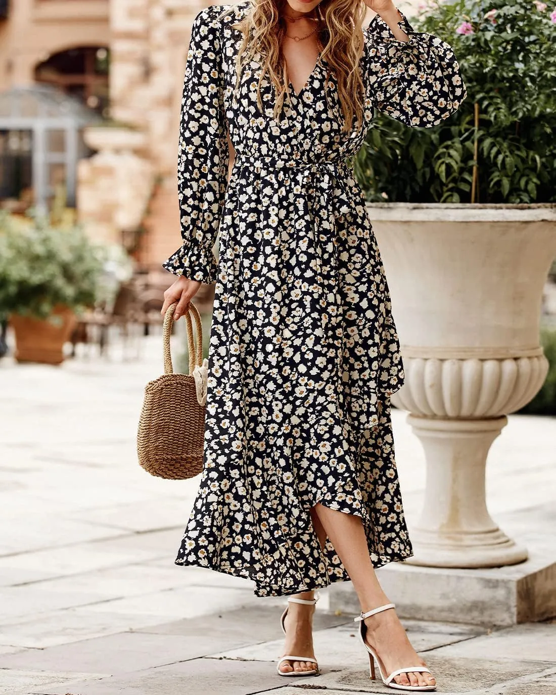 BTFBM Women Long Sleeve Dresses Spring Summer Clothes 2025 V Neck Floral High Waist Ruffle Boho Wedding Guest Dress