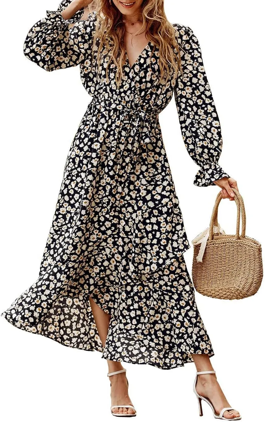 BTFBM Women Long Sleeve Dresses Spring Summer Clothes 2025 V Neck Floral High Waist Ruffle Boho Wedding Guest Dress