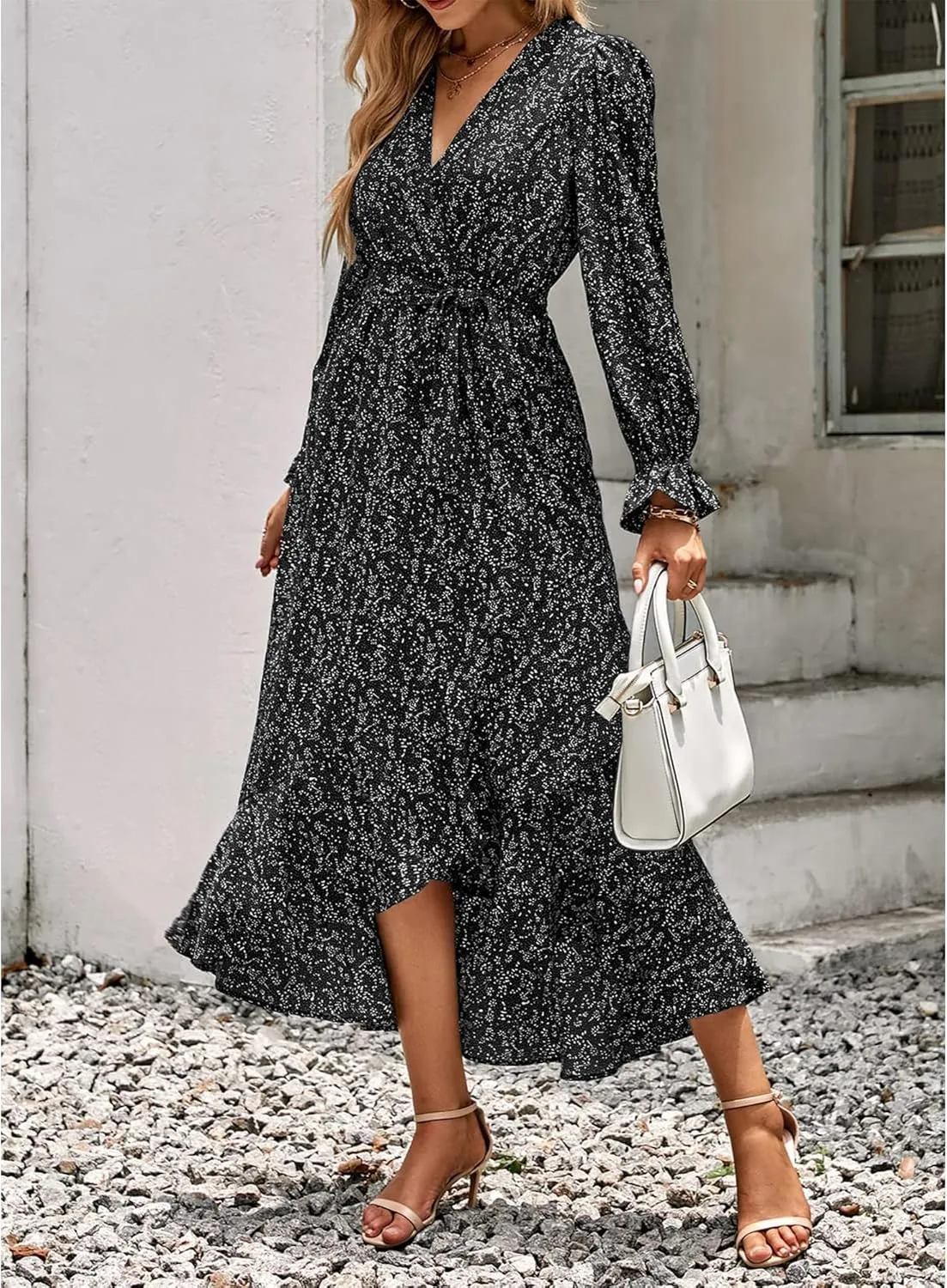 BTFBM Women Long Sleeve Dresses Spring Summer Clothes 2025 V Neck Floral High Waist Ruffle Boho Wedding Guest Dress