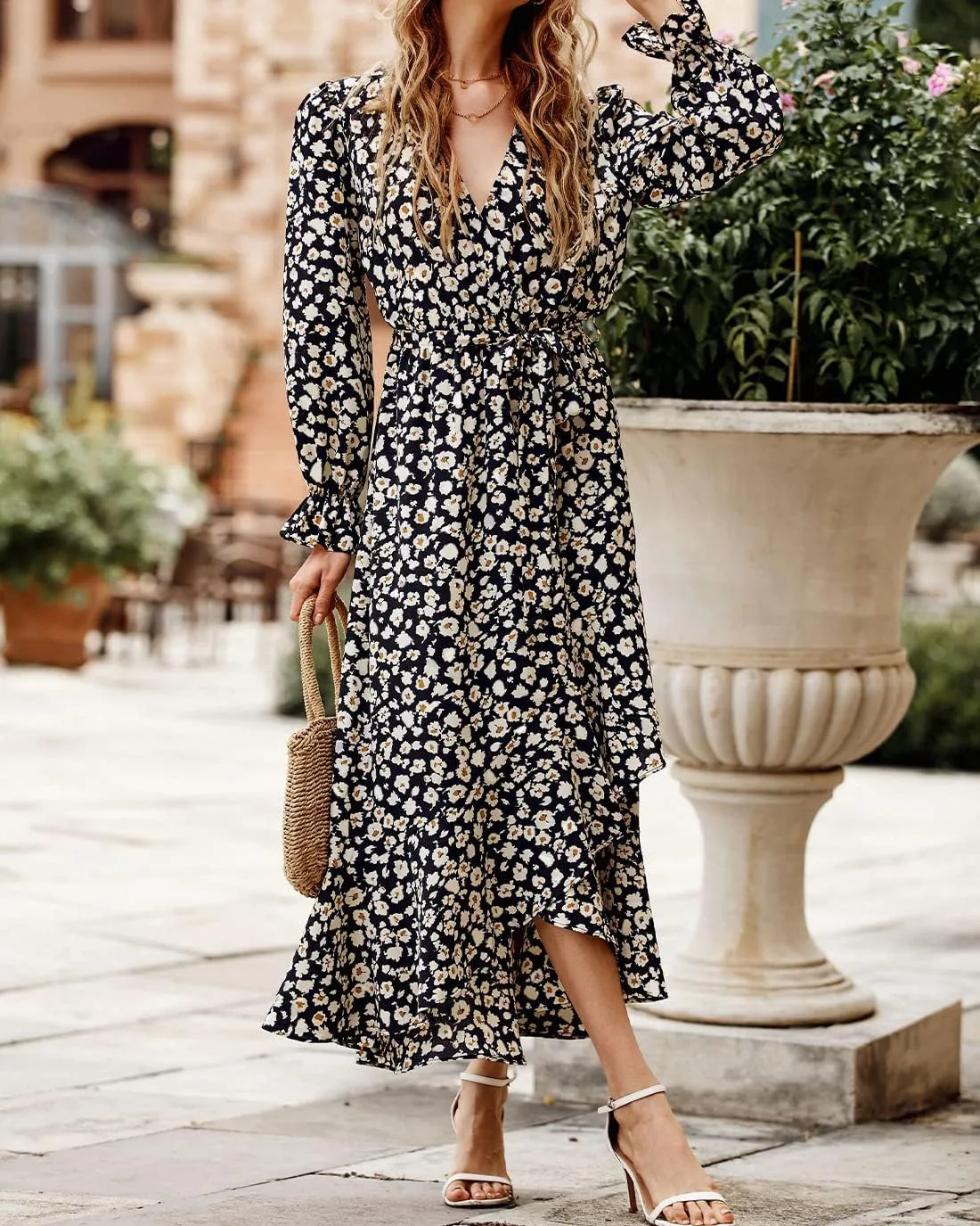 BTFBM Women Long Sleeve Dresses Spring Summer Clothes 2025 V Neck Floral High Waist Ruffle Boho Wedding Guest Dress