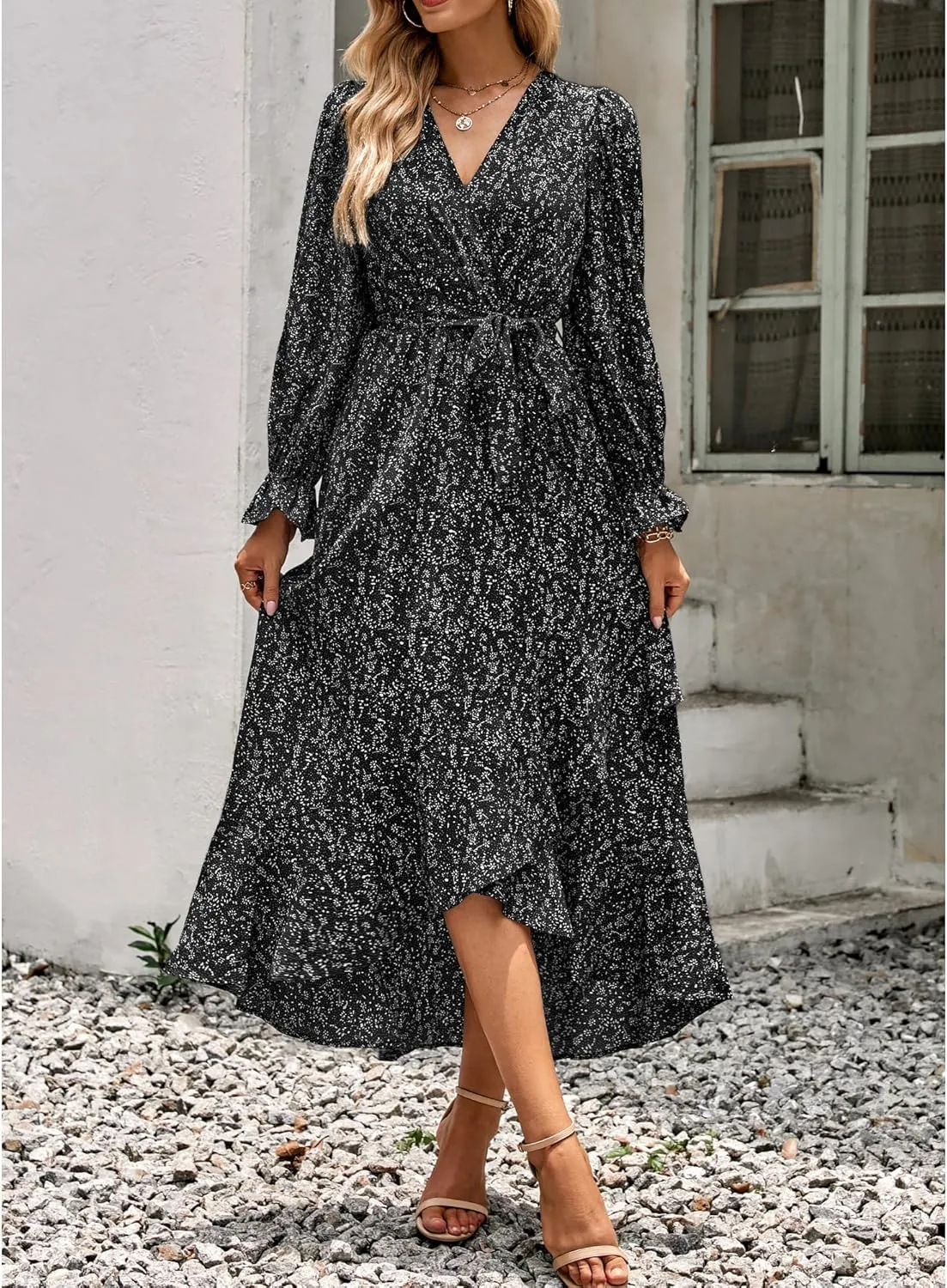 BTFBM Women Long Sleeve Dresses Spring Summer Clothes 2025 V Neck Floral High Waist Ruffle Boho Wedding Guest Dress