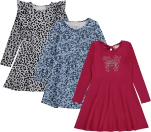 BTween Girls Long Sleeve Dresses, 3 Pack Soft Cotton Casual Dresses for Kids