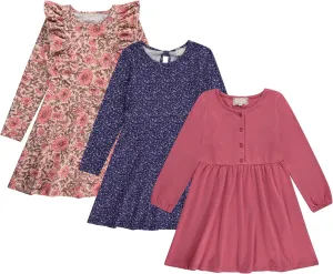 BTween Girls Long Sleeve Dresses, 3 Pack Soft Cotton Casual Dresses for Kids