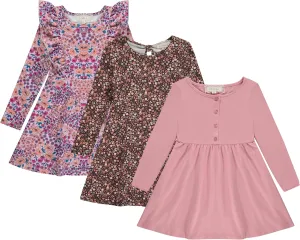 BTween Girls Long Sleeve Dresses, 3 Pack Soft Cotton Casual Dresses for Kids