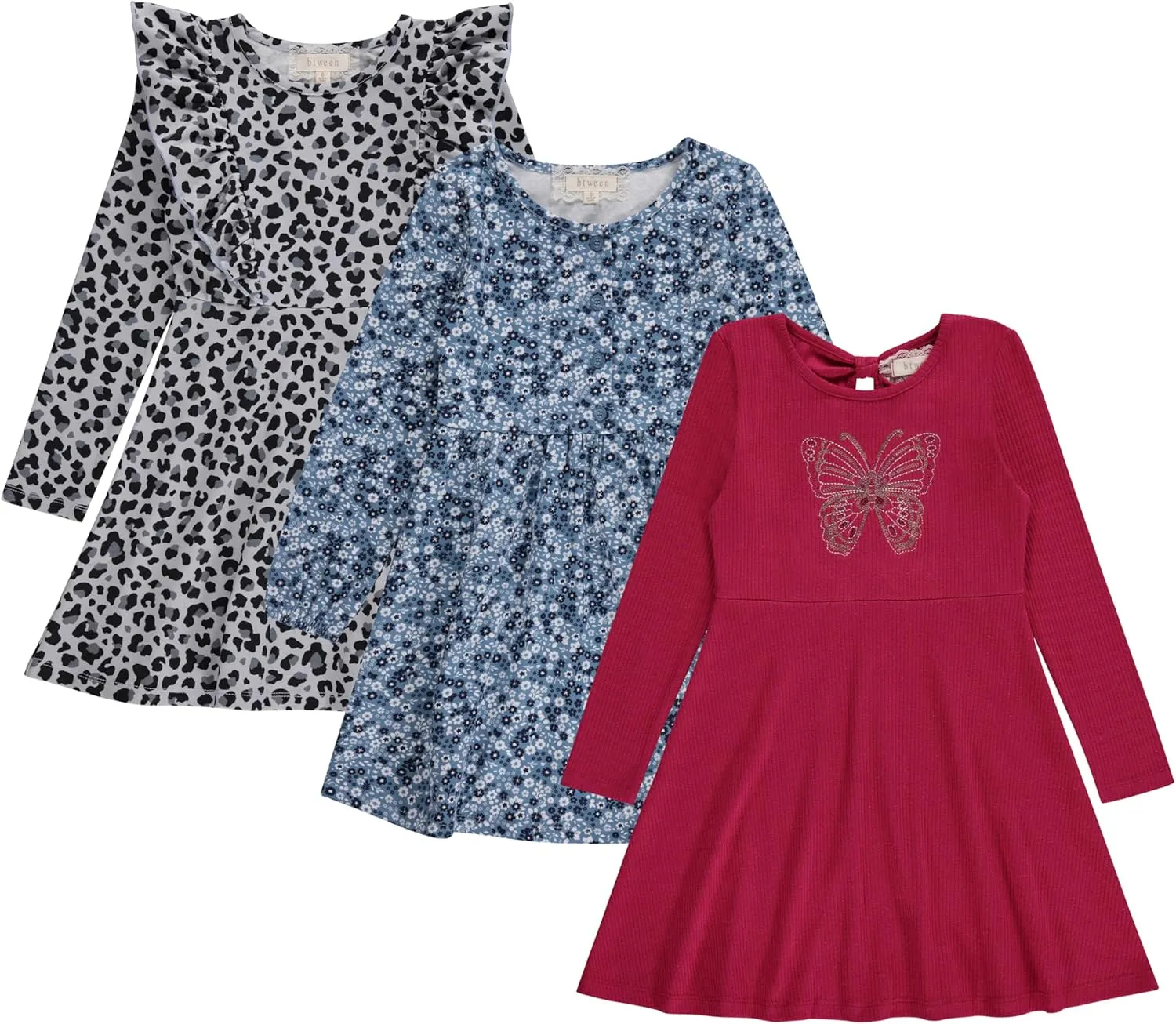 BTween Girls Long Sleeve Dresses, 3 Pack Soft Cotton Casual Dresses for Kids