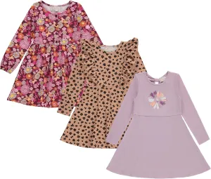 BTween Girls Long Sleeve Dresses, 3 Pack Soft Cotton Casual Dresses for Kids