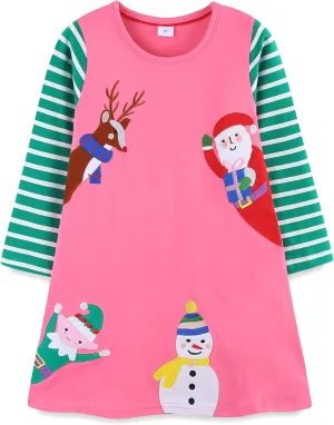 Bumeex Girl's Long Sleeve Dresses Cotton Christmas Cute Embroidery Applique Swing A-Line Casual Tunic Playwear 2-13 Years