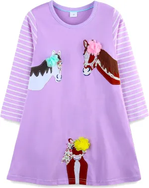 Bumeex Girl's Long Sleeve Dresses Cotton Christmas Cute Embroidery Applique Swing A-Line Casual Tunic Playwear 2-13 Years