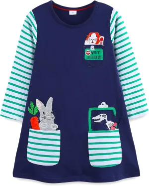 Bumeex Girl's Long Sleeve Dresses Cotton Christmas Cute Embroidery Applique Swing A-Line Casual Tunic Playwear 2-13 Years