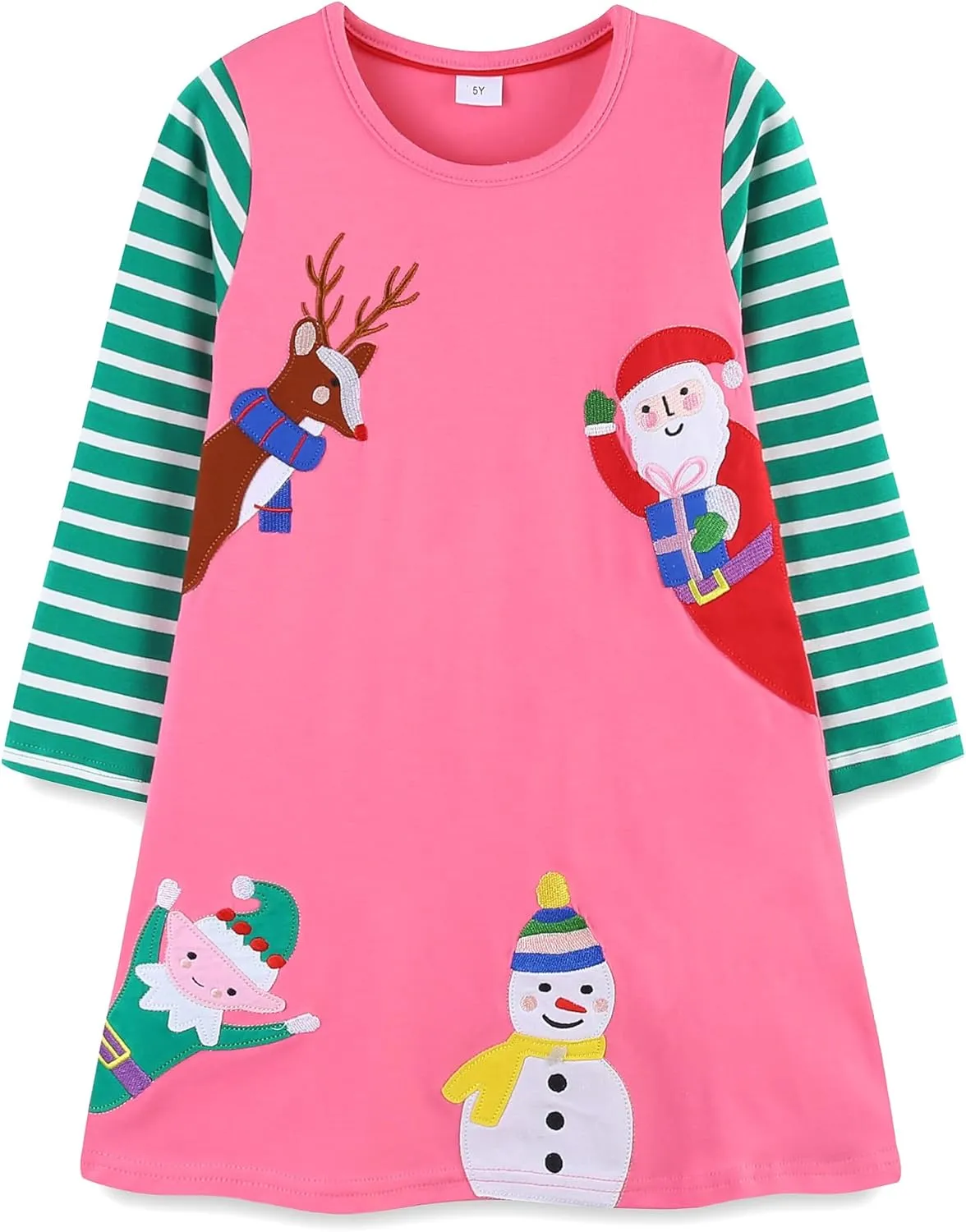 Bumeex Girl's Long Sleeve Dresses Cotton Christmas Cute Embroidery Applique Swing A-Line Casual Tunic Playwear 2-13 Years