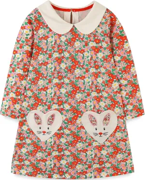 Bumeex Girl's Long Sleeve Dresses Cotton Christmas Cute Embroidery Applique Swing A-Line Casual Tunic Playwear 2-13 Years