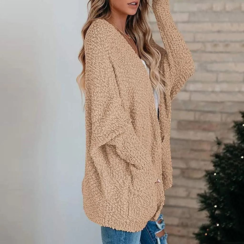 Cardigan Sweaters for Women Chunky Popcorn Oversized Open Front Boyfriend Batwing Long Sleeve Fuzzy Knit Sweaters