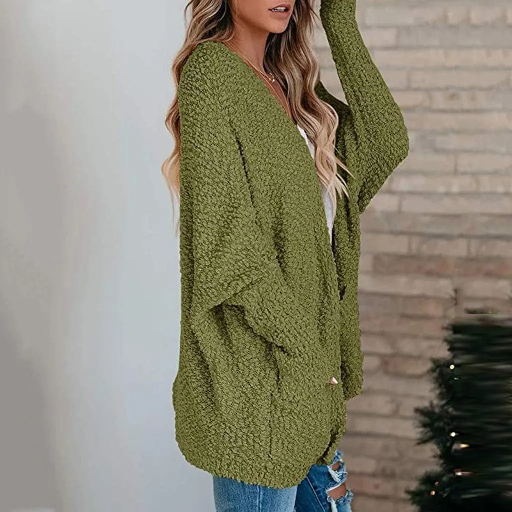 Cardigan Sweaters for Women Chunky Popcorn Oversized Open Front Boyfriend Batwing Long Sleeve Fuzzy Knit Sweaters