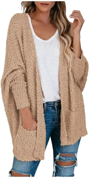 Cardigan Sweaters for Women Chunky Popcorn Oversized Open Front Boyfriend Batwing Long Sleeve Fuzzy Knit Sweaters