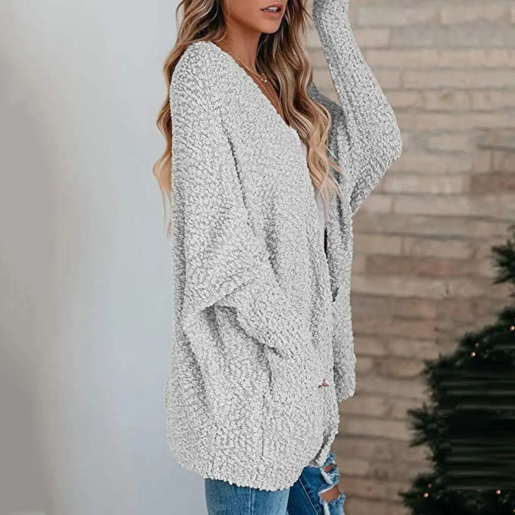 Cardigan Sweaters for Women Chunky Popcorn Oversized Open Front Boyfriend Batwing Long Sleeve Fuzzy Knit Sweaters