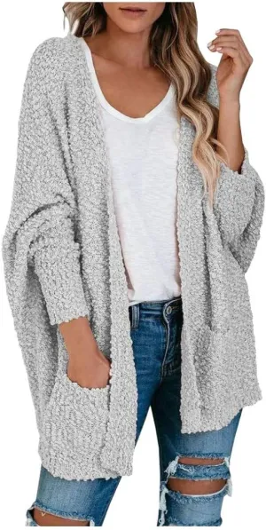 Cardigan Sweaters for Women Chunky Popcorn Oversized Open Front Boyfriend Batwing Long Sleeve Fuzzy Knit Sweaters