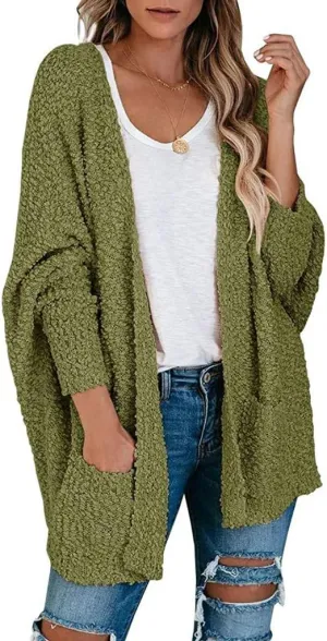 Cardigan Sweaters for Women Chunky Popcorn Oversized Open Front Boyfriend Batwing Long Sleeve Fuzzy Knit Sweaters