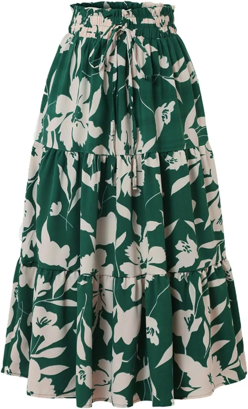 Casual Long Maxi Skirt for Women Summer Trendy Flowy Drawstring High Waist A-Line Floral Boho Skirts Versatile