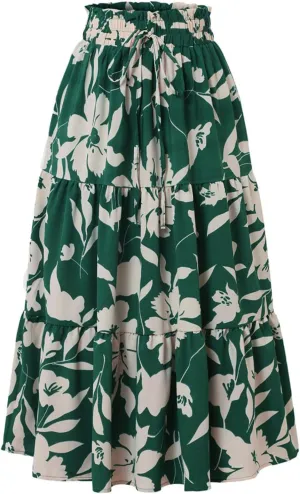 Casual Long Maxi Skirt for Women Summer Trendy Flowy Drawstring High Waist A-Line Floral Boho Skirts Versatile