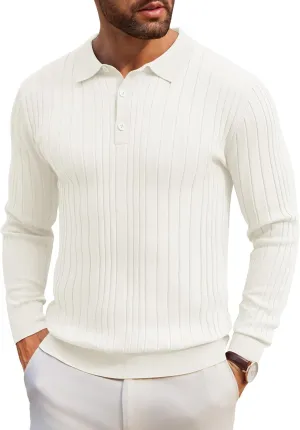 COOFANDY Men's Knit Polo Shirts Long Sleeve Casual Button Down Ribbed Polo Shirt Fashion Golf Shirts