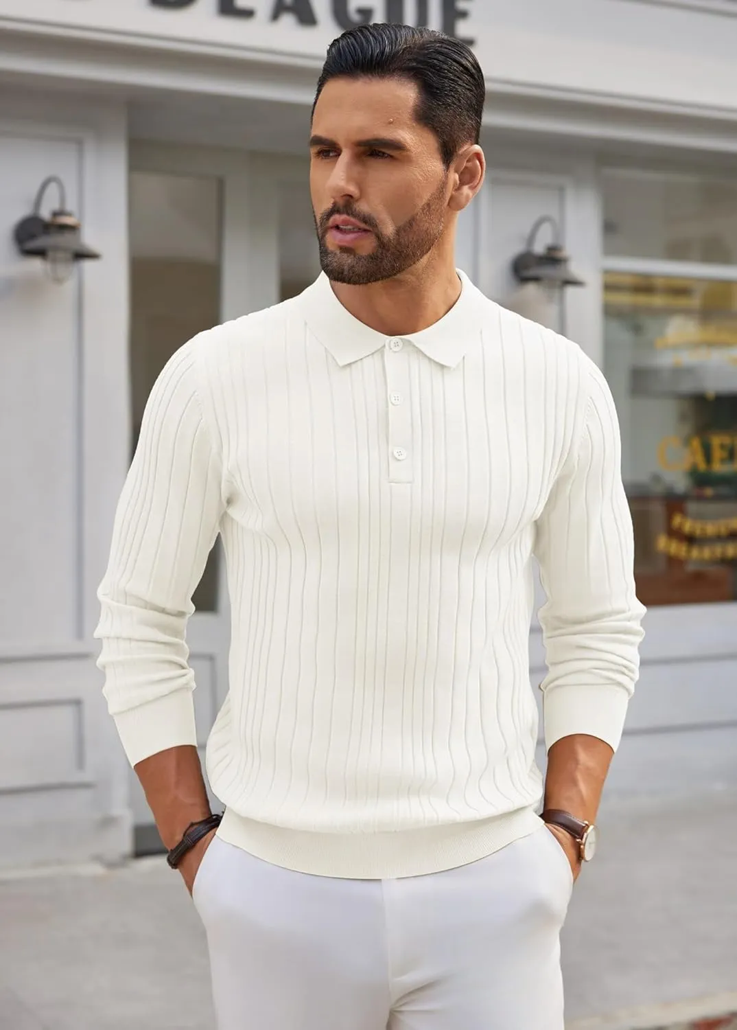 COOFANDY Men's Knit Polo Shirts Long Sleeve Casual Button Down Ribbed Polo Shirt Fashion Golf Shirts
