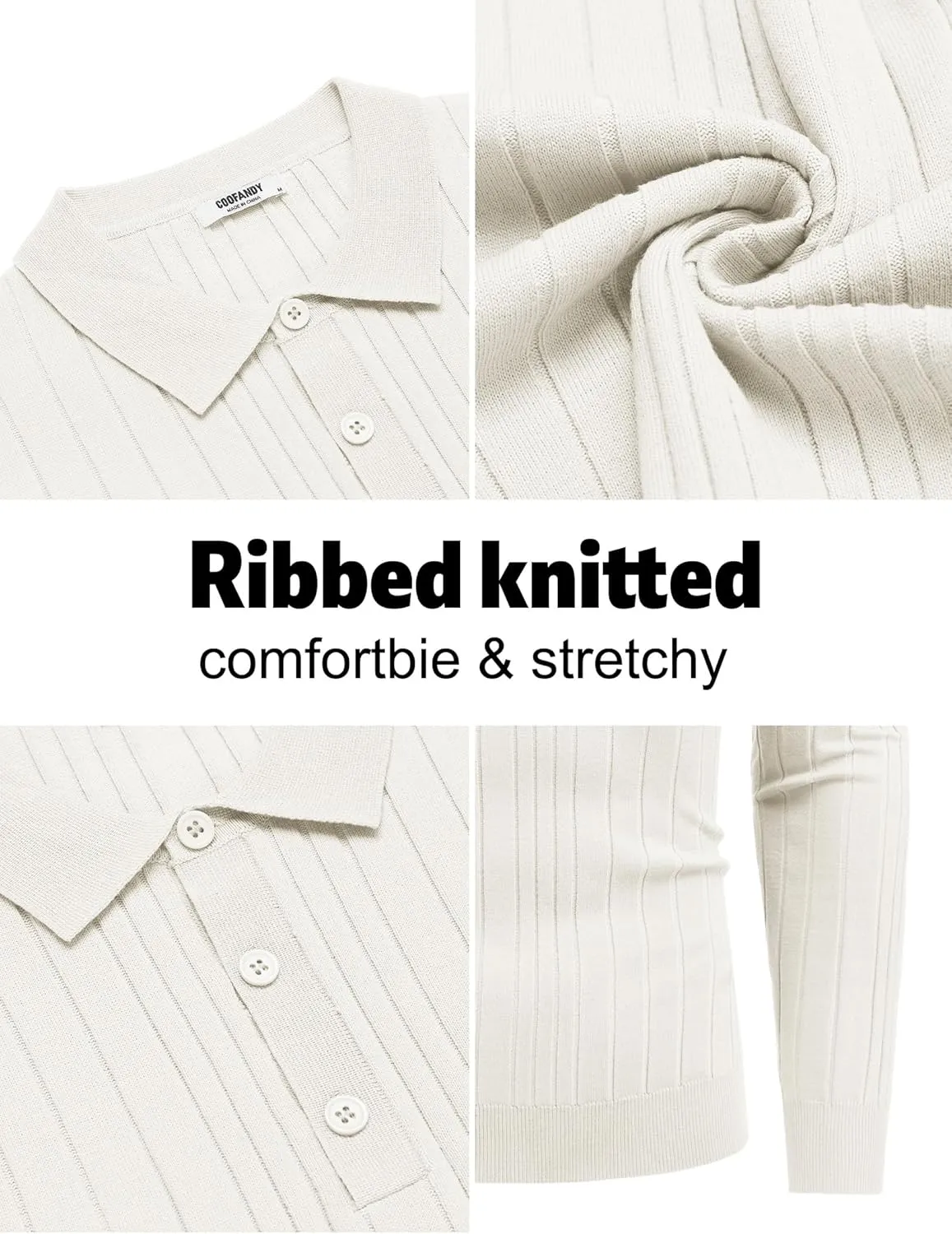 COOFANDY Men's Knit Polo Shirts Long Sleeve Casual Button Down Ribbed Polo Shirt Fashion Golf Shirts