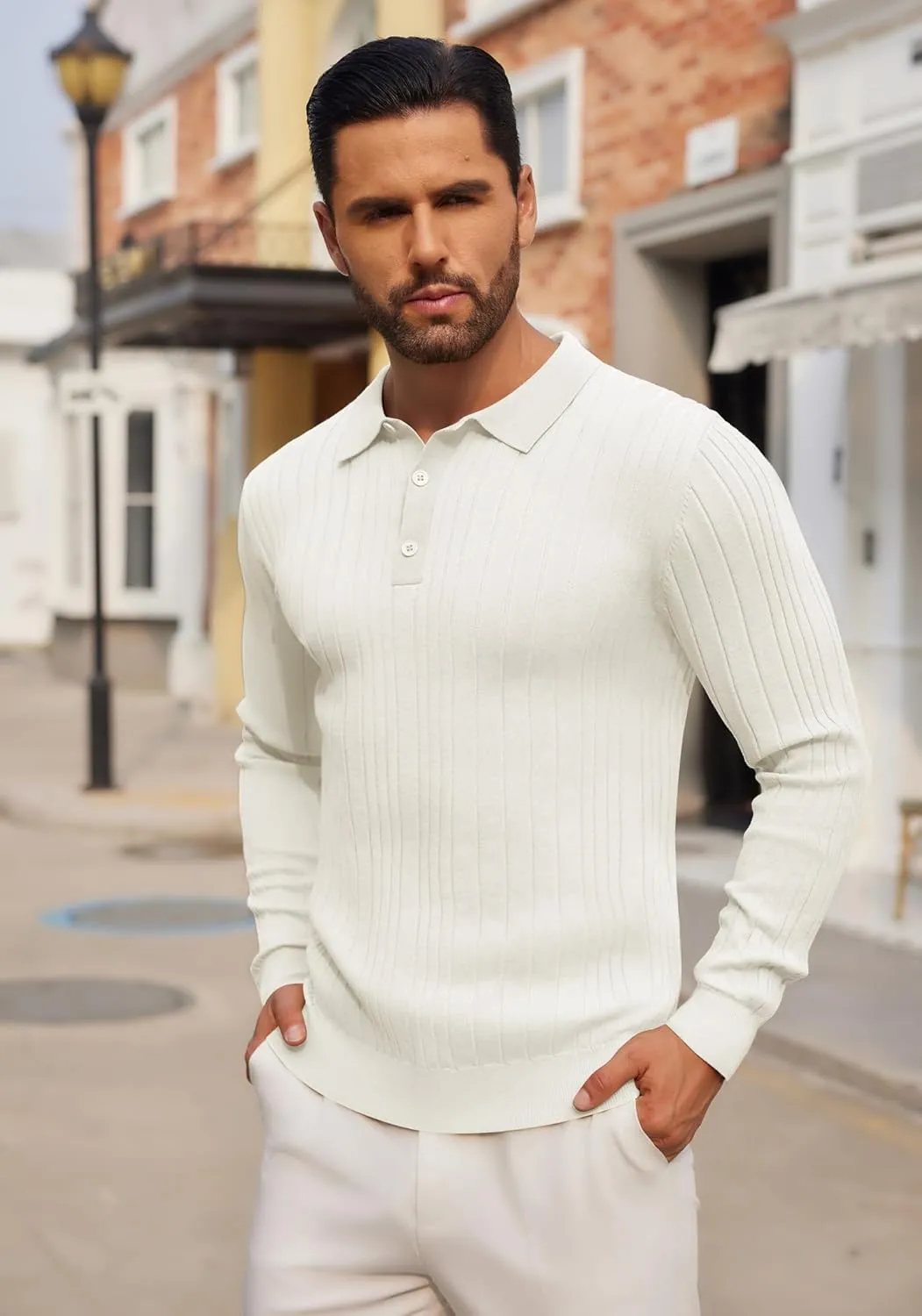 COOFANDY Men's Knit Polo Shirts Long Sleeve Casual Button Down Ribbed Polo Shirt Fashion Golf Shirts