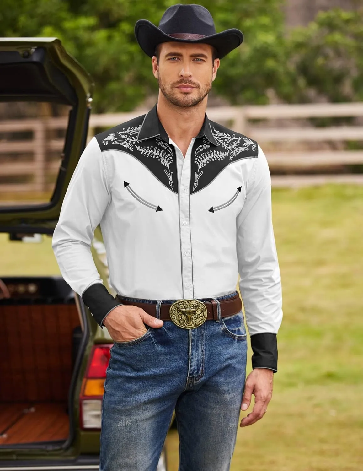 COOFANDY Men's Western Cowboy Shirt Embroidered Button Down Long Sleeve Shirts