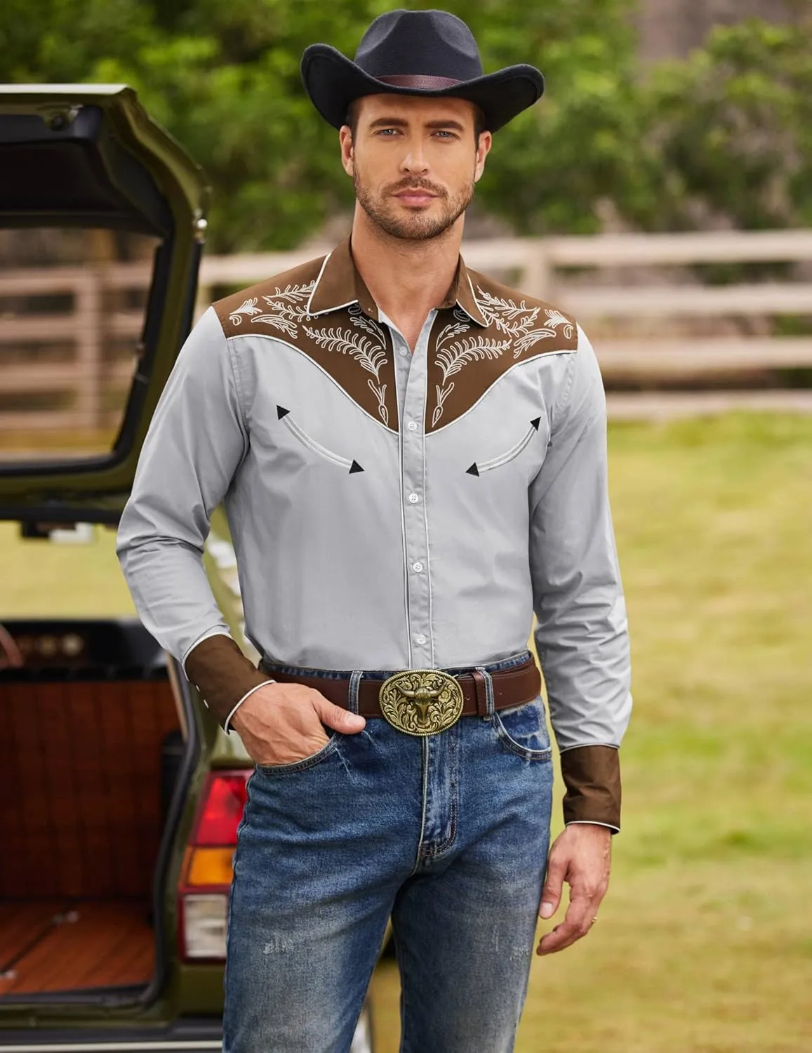 COOFANDY Men's Western Cowboy Shirt Embroidered Button Down Long Sleeve Shirts