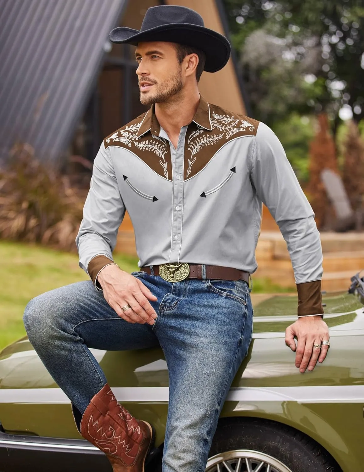 COOFANDY Men's Western Cowboy Shirt Embroidered Button Down Long Sleeve Shirts