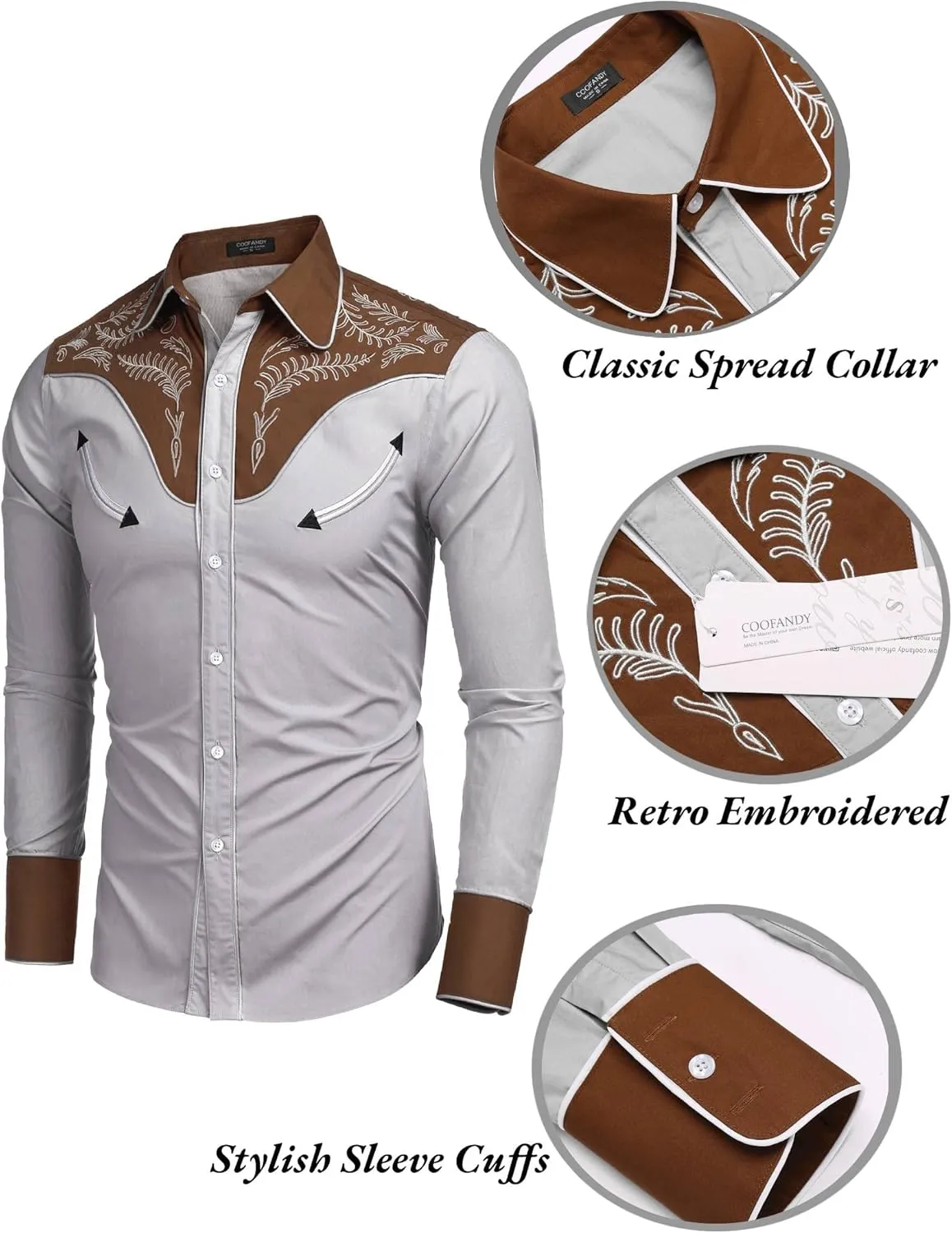 COOFANDY Men's Western Cowboy Shirt Embroidered Button Down Long Sleeve Shirts