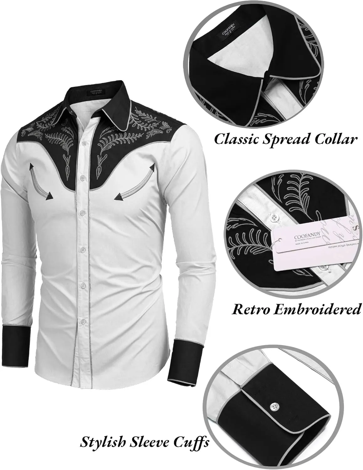 COOFANDY Men's Western Cowboy Shirt Embroidered Button Down Long Sleeve Shirts