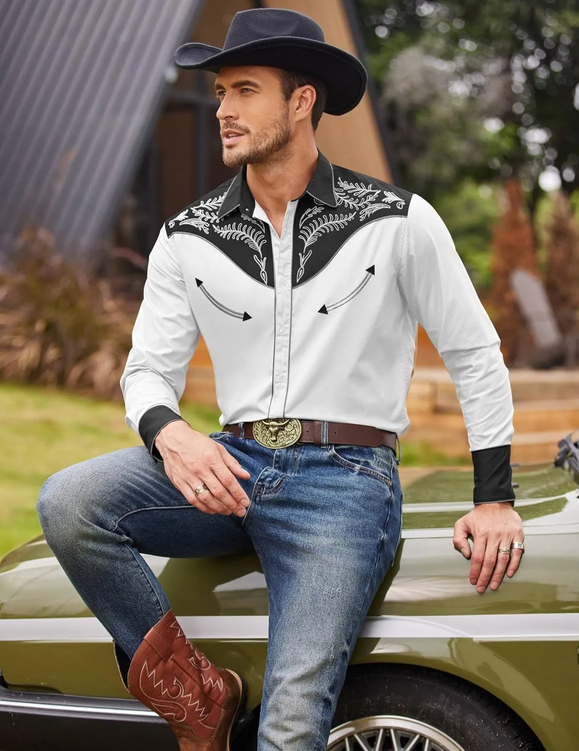 COOFANDY Men's Western Cowboy Shirt Embroidered Button Down Long Sleeve Shirts
