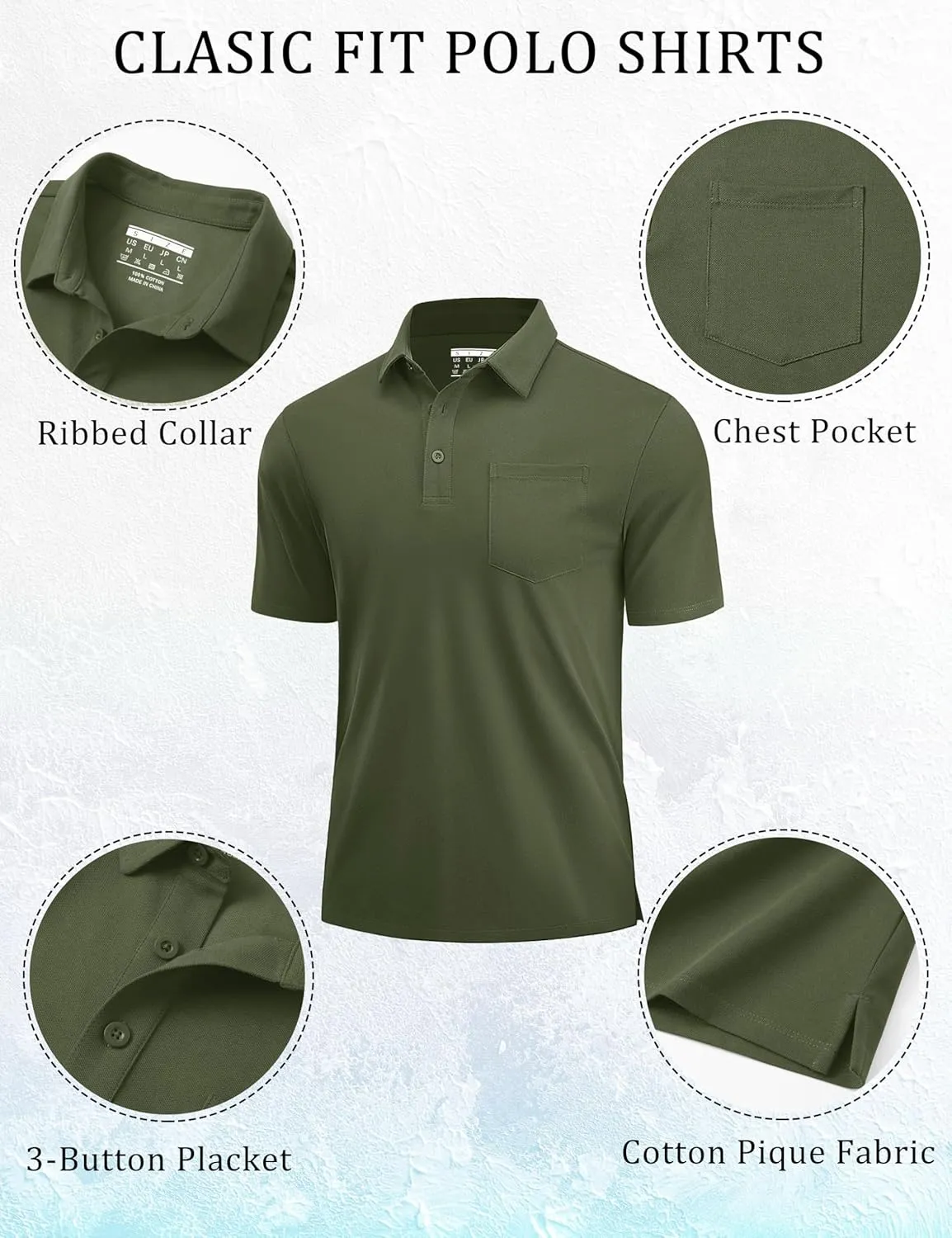 Cotrasen Men's Polo Shirts Short Sleeve Cotton Pique Classic Fit Casual Pocket T-Shirt Colling Performance Golf Shirts