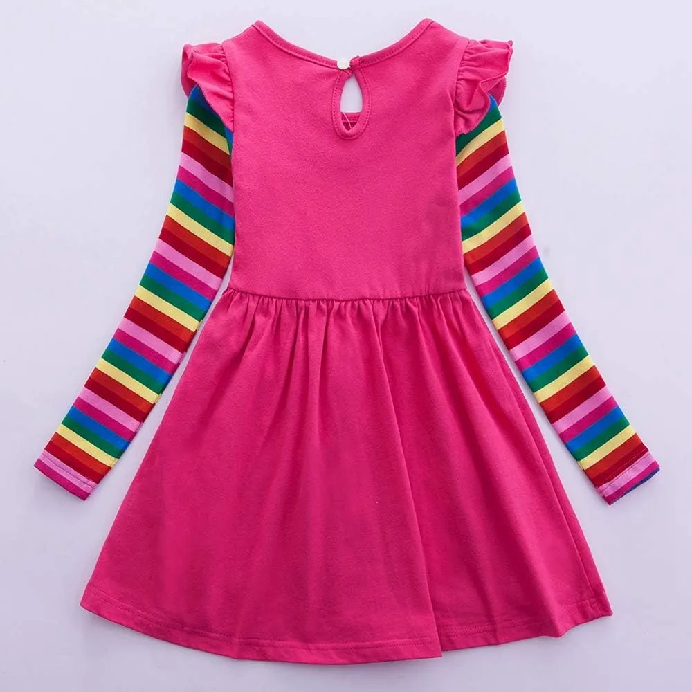 Cotton Girls Flower Rainbow Long Sleeve Dresses Butterfly Animal for Kids 3-8 Years