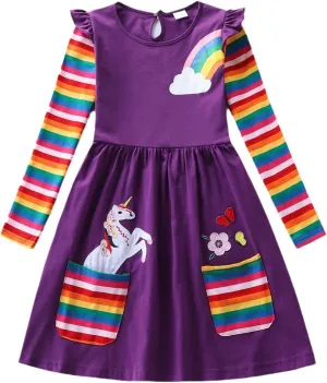 Cotton Girls Flower Rainbow Long Sleeve Dresses Butterfly Animal for Kids 3-8 Years