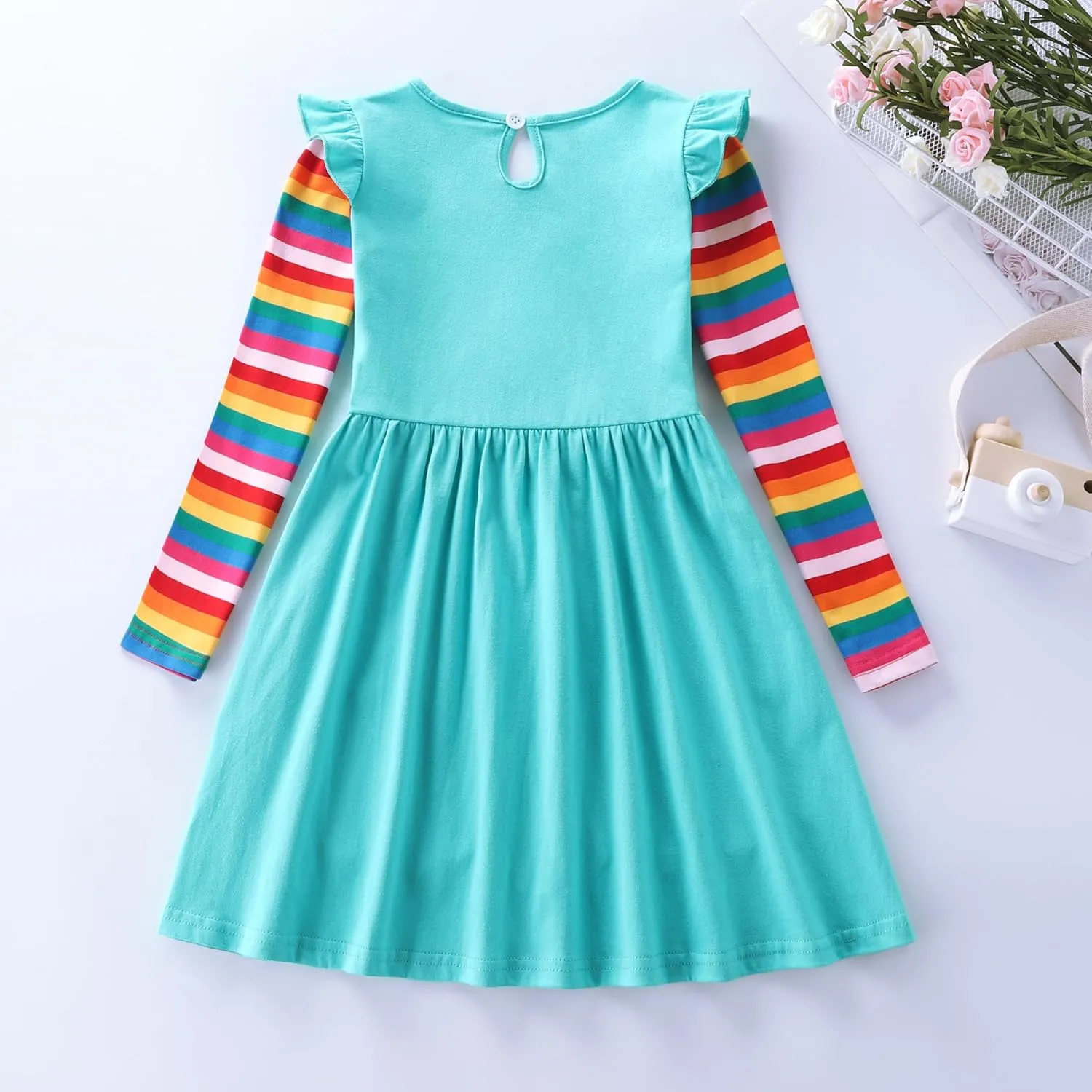 Cotton Girls Flower Rainbow Long Sleeve Dresses Butterfly Animal for Kids 3-8 Years