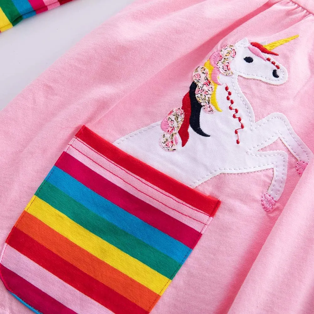 Cotton Girls Flower Rainbow Long Sleeve Dresses Butterfly Animal for Kids 3-8 Years