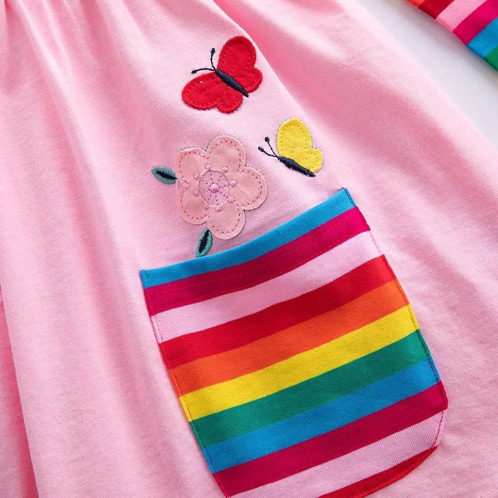 Cotton Girls Flower Rainbow Long Sleeve Dresses Butterfly Animal for Kids 3-8 Years
