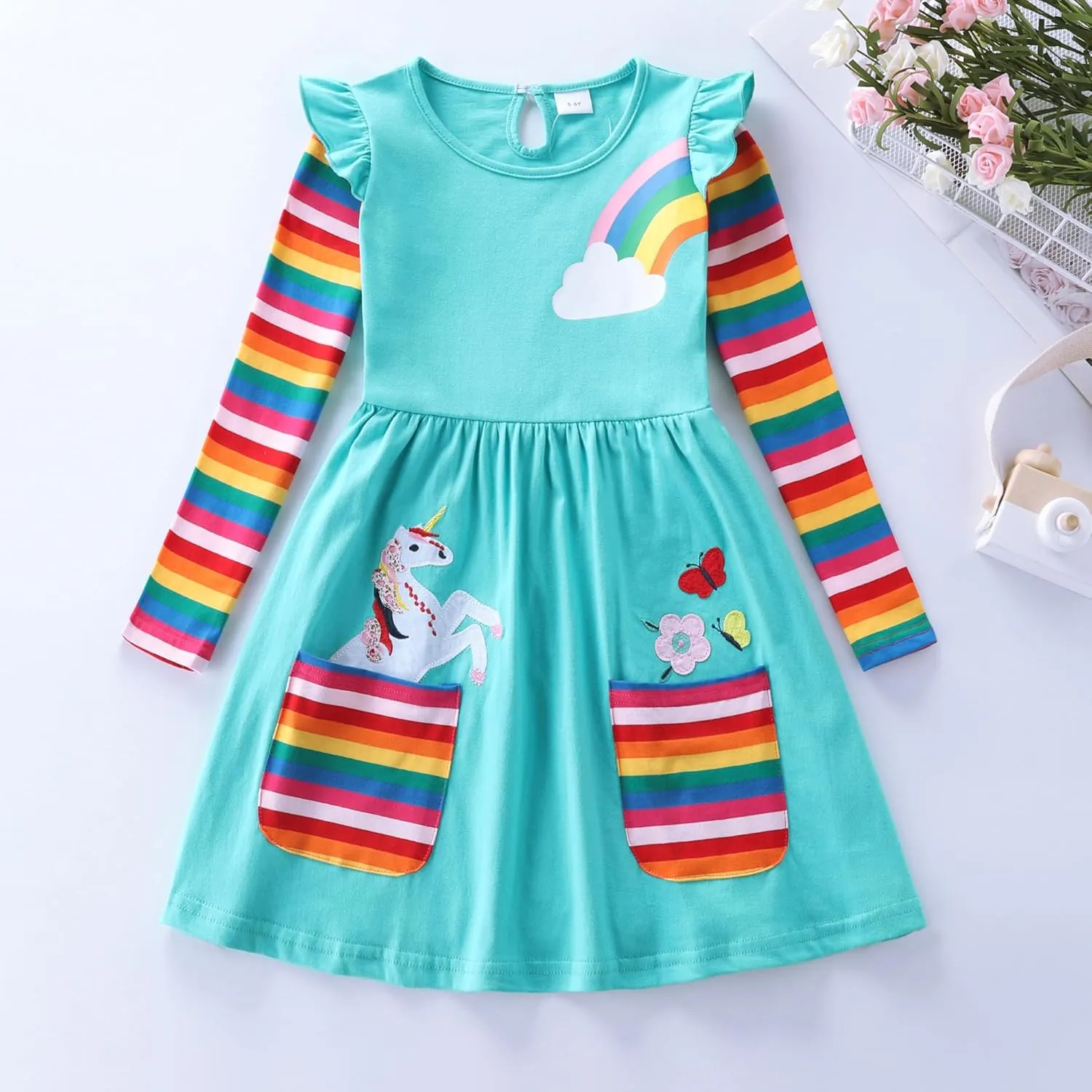 Cotton Girls Flower Rainbow Long Sleeve Dresses Butterfly Animal for Kids 3-8 Years